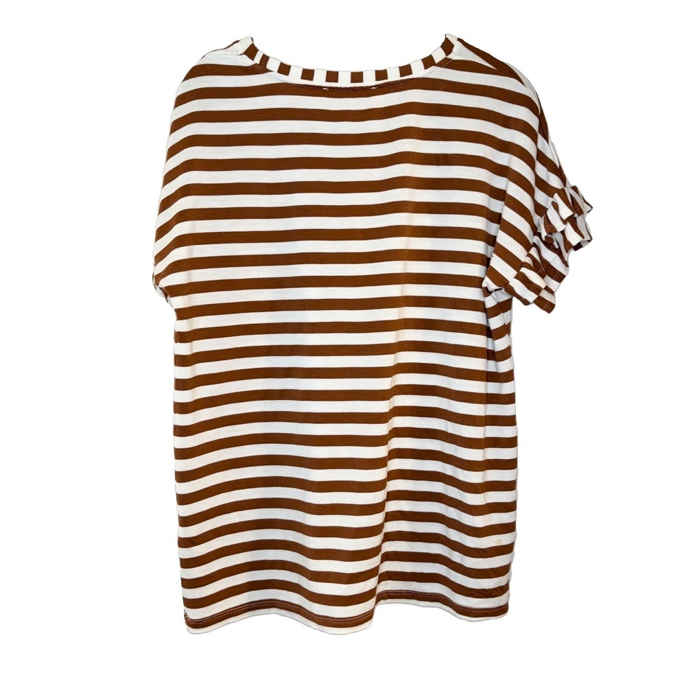 Jane + Delancey Brown Stripe Top Women's M Ruffle Short Sleeve Crew Neck Coastal - Picture 2 of 5